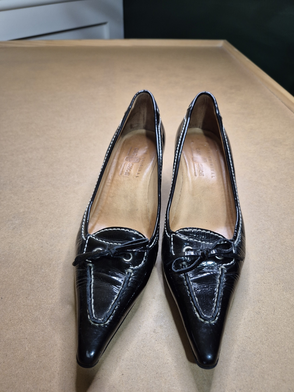 The Original Car Shoe Black Patent Pointed-Toe Kitten Heels with Bow - Picture 2 of 11